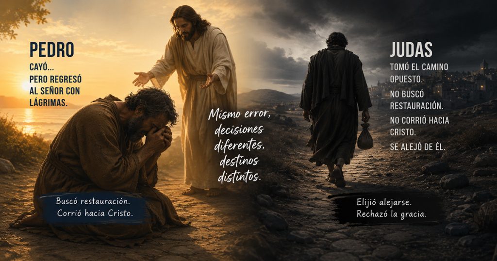 Pedro arrepentido regresa a Cristo mientras Judas se aleja después de su traición.